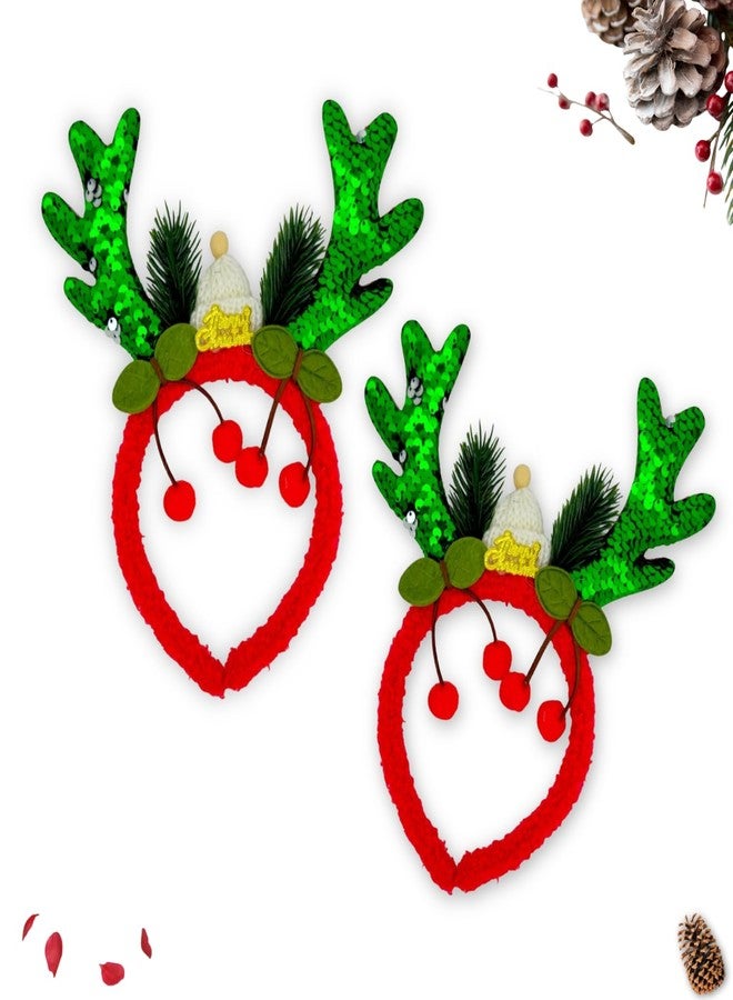 ascension Christmas Reindeer Antler Headband Furry Red Band with Green Sequin Antlers, Cherries & Merry Christmas Tag for Kids Adult Xmas Party Decor Xmas Gift for Children (Pack of 2) - Image 1